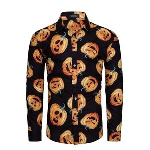 Halloween Jack-O-Lantern Mohez Collection Long Sleeve Shirt Button up 3XL [A3]